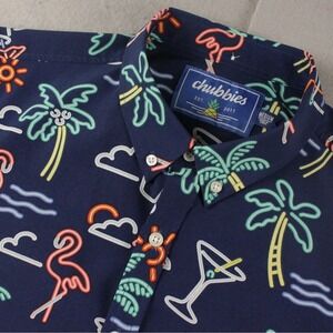 Chubbies Mens Medium Navy Neon Flamingo Tropical Short Sleeve Button Down Shirt